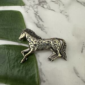 Jezlaine Vintage 90s Sterling Silver Spirit Horse Brooch Pink .925 Animal Scroll